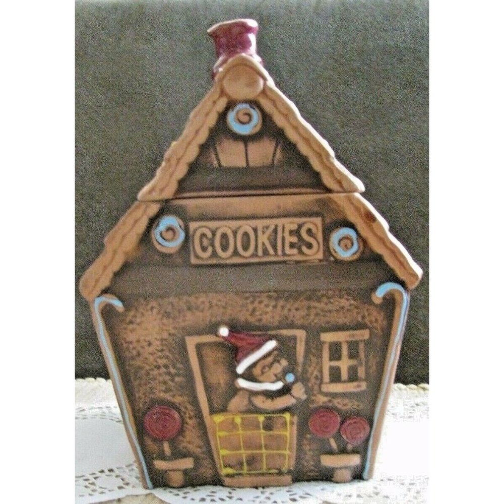 Gingerbread House Cookie Jar with Santa Elf & lollipop Brown Ceramic Vintage